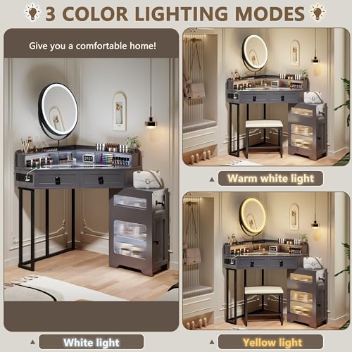 White Glass Top Corner Vanity with Mirror and Lights B1246