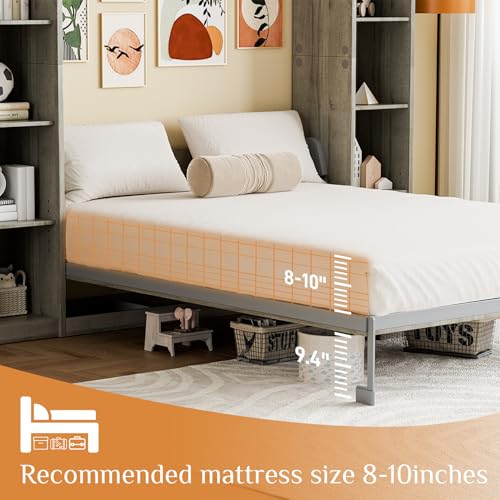 Gray Queen Wood Wall Bedframe with Storage Bookcase and 4 Adjustable Shelves B3008