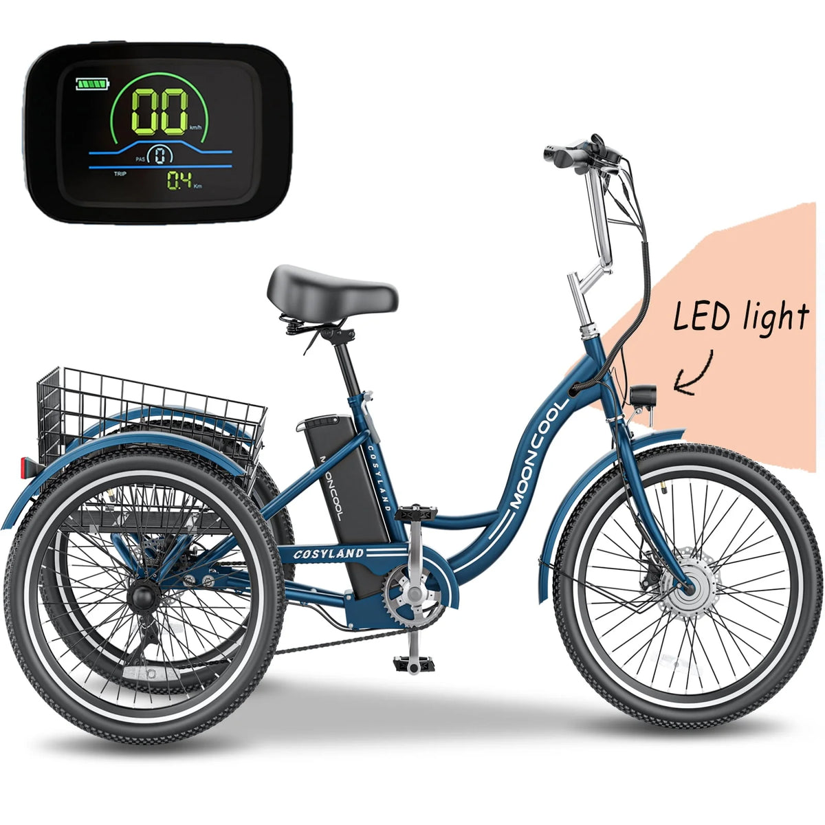 Adult Electric Tricycle, 3 Wheel Electric Bike, 7-Speed, Removable Lithium Battery K4021