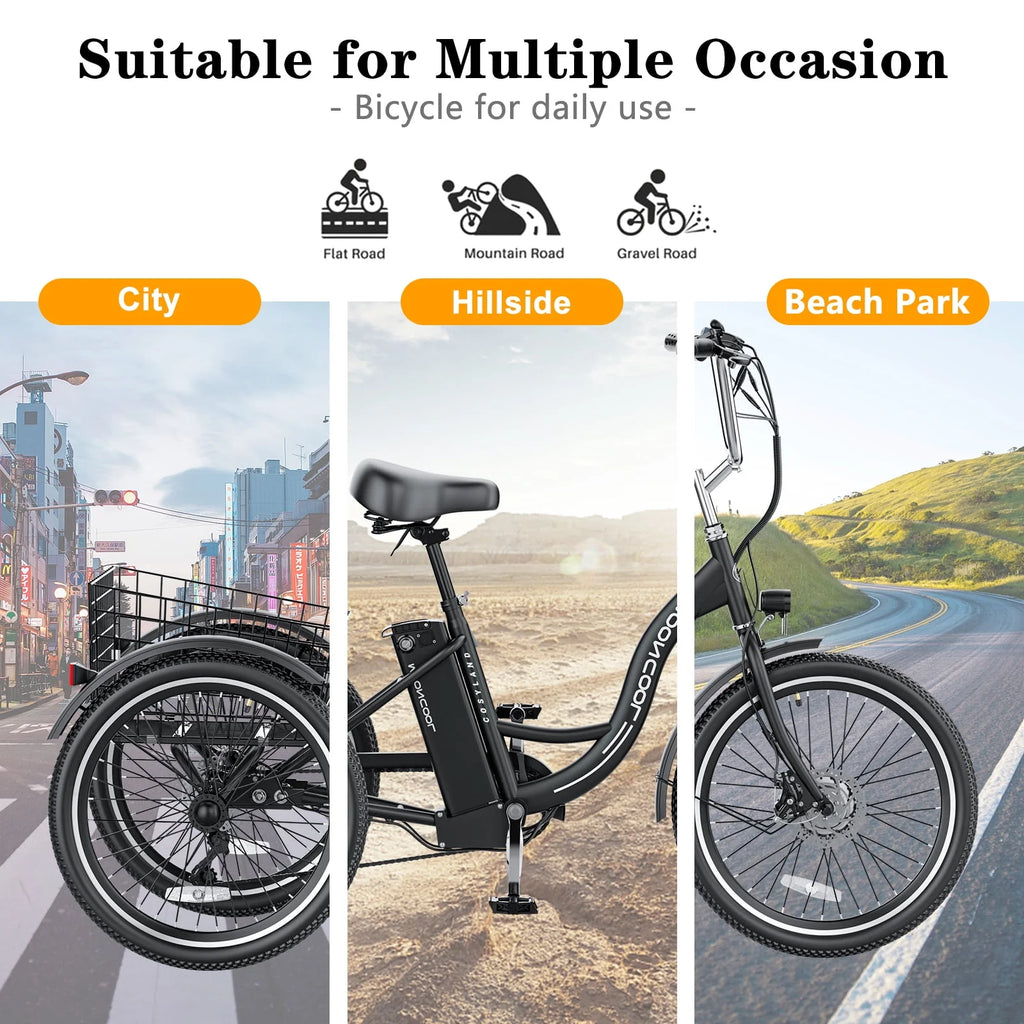Adult Electric Tricycle, 3 Wheel Electric Bike, 7-Speed, Removable Lithium Battery K4021