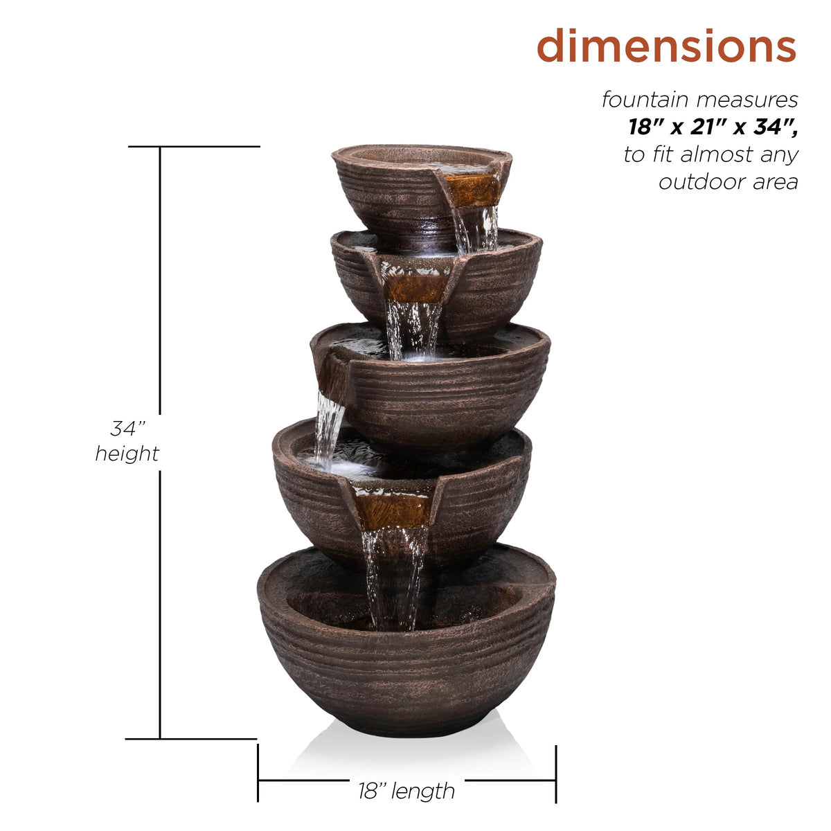 34" Tall Outdoor 5-Tier Cascading Waterfall Fountain with LED Lights D796