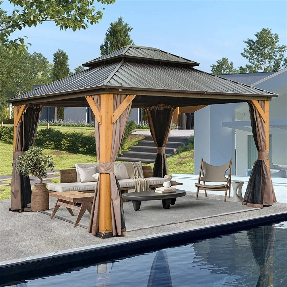 12'x14' Outdoor Wood Frame Hardtop Gazebo with Galvanized Steel Double Roof B1709
