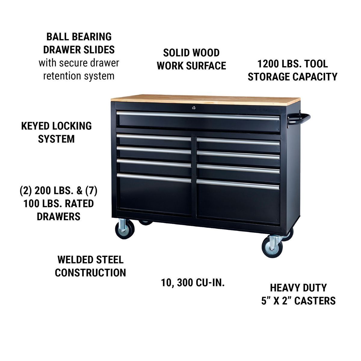 Black 9-Drawer Mobile Storage Cabinet with Solid Wood Top Q415020