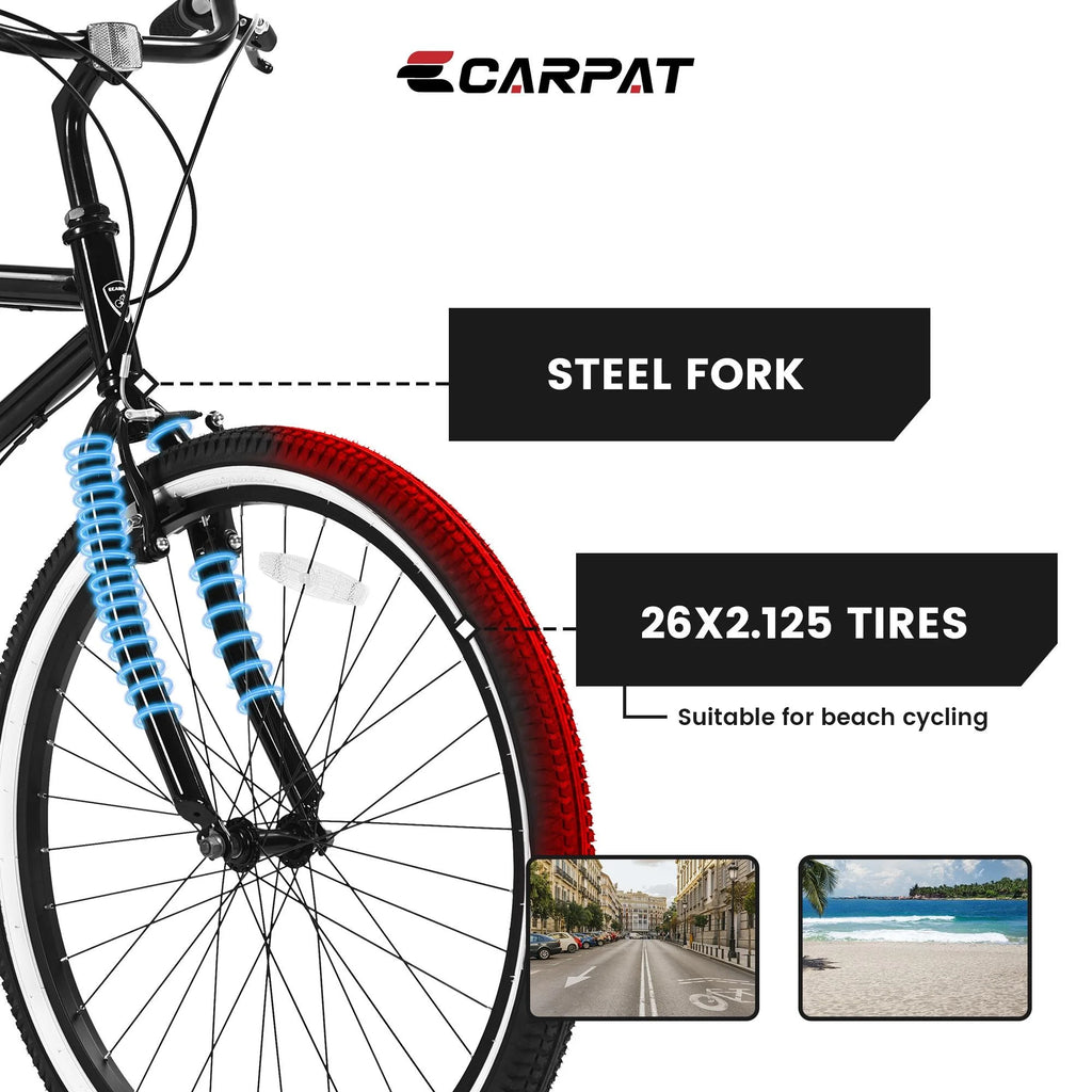 26-inch 7 Speeds Steel Beach Cruiser Bike with Rear Cargo Rack, Black Q456286