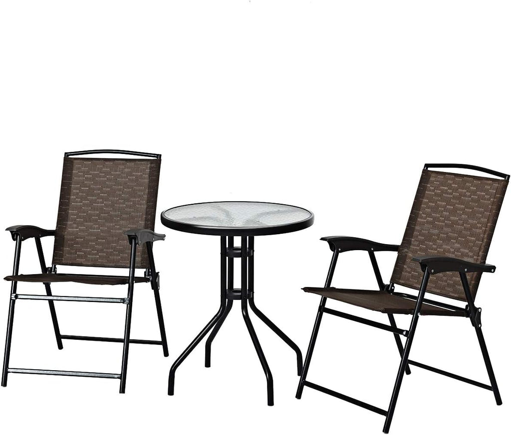 3-Piece Patio Bistro Set with Round Tempered Glass Table and 2 Foldable Chairs M514