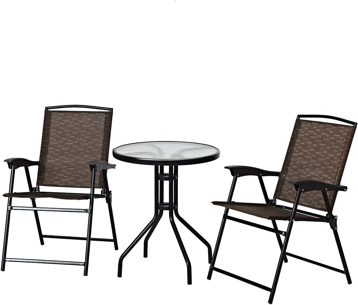 3-Piece Patio Bistro Set with Round Tempered Glass Table and 2 Foldable Chairs M514