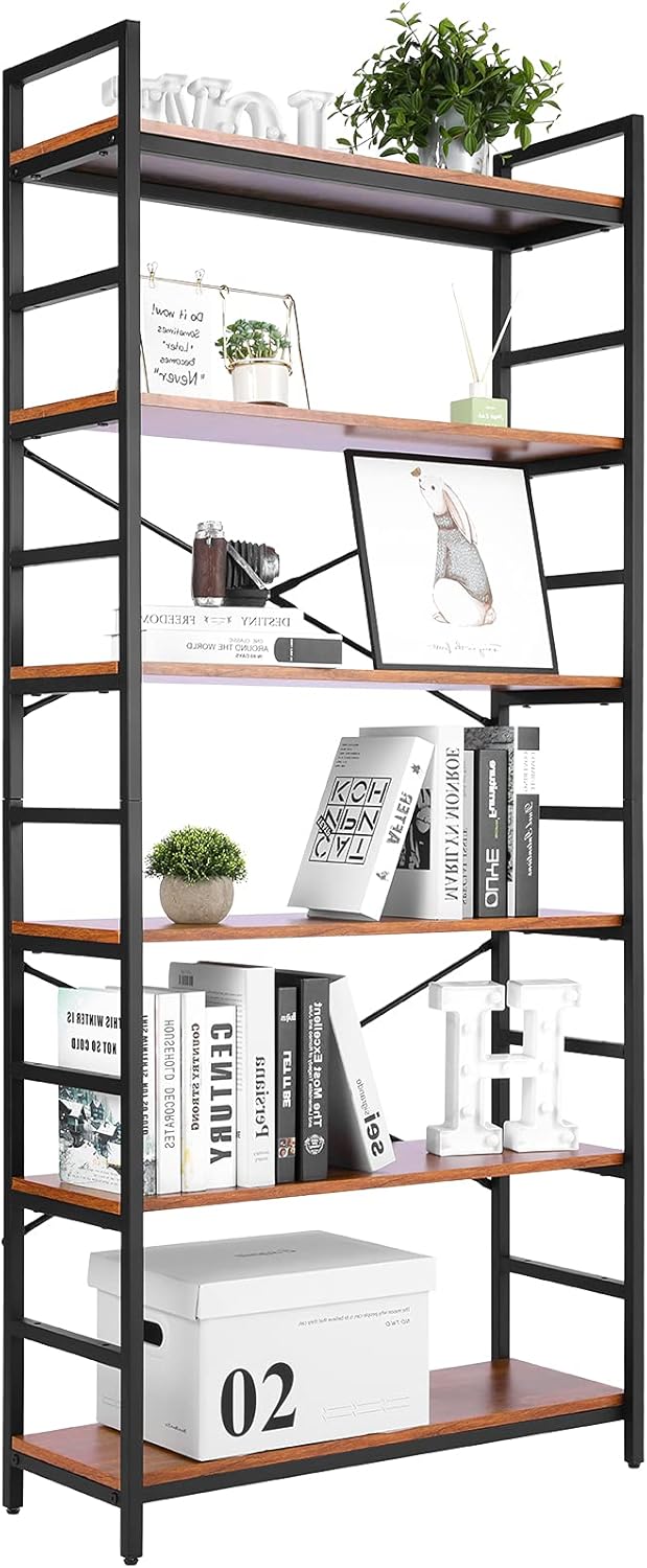 6-Tier Wood Top Bookshelf with Metal Frame O669584
