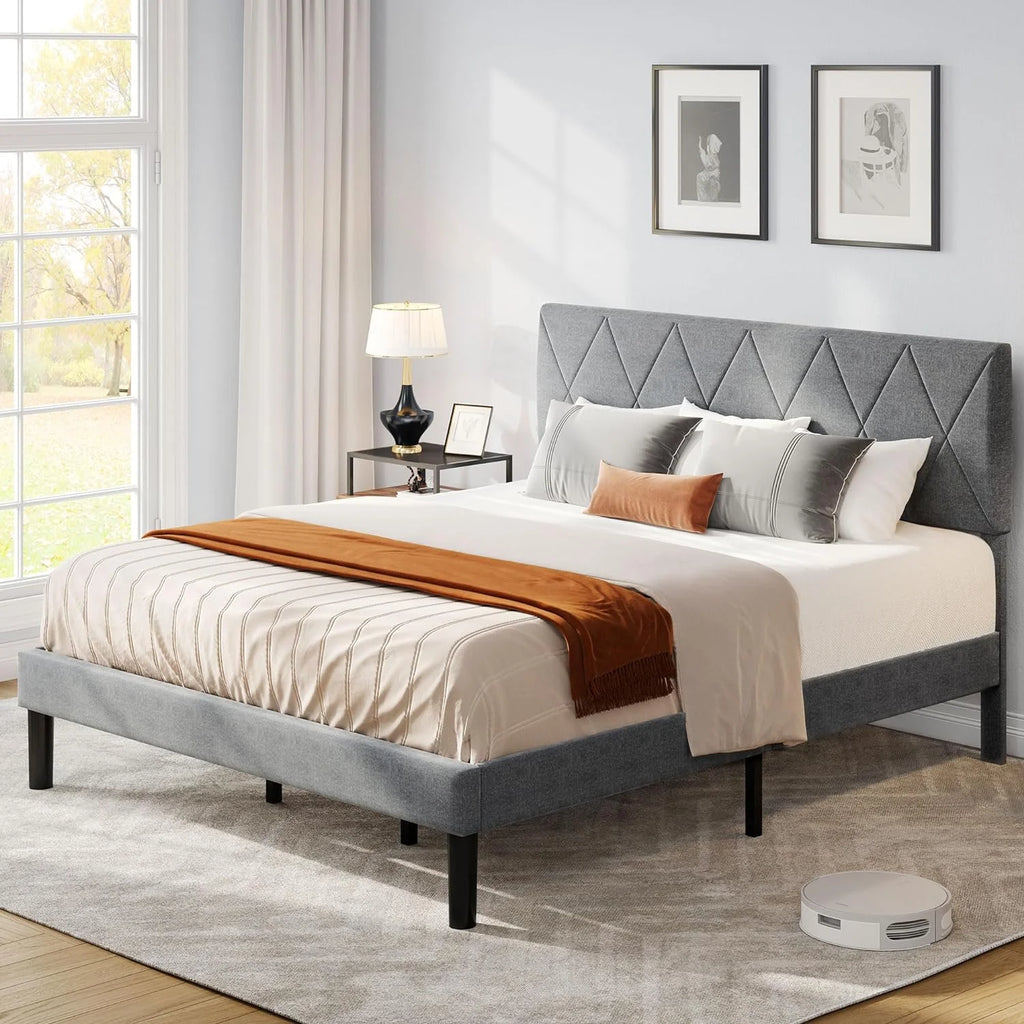 King Size Upholstered Platform Bed with Adjustable Headboard and Under-Bed Storage, Grey Y36779