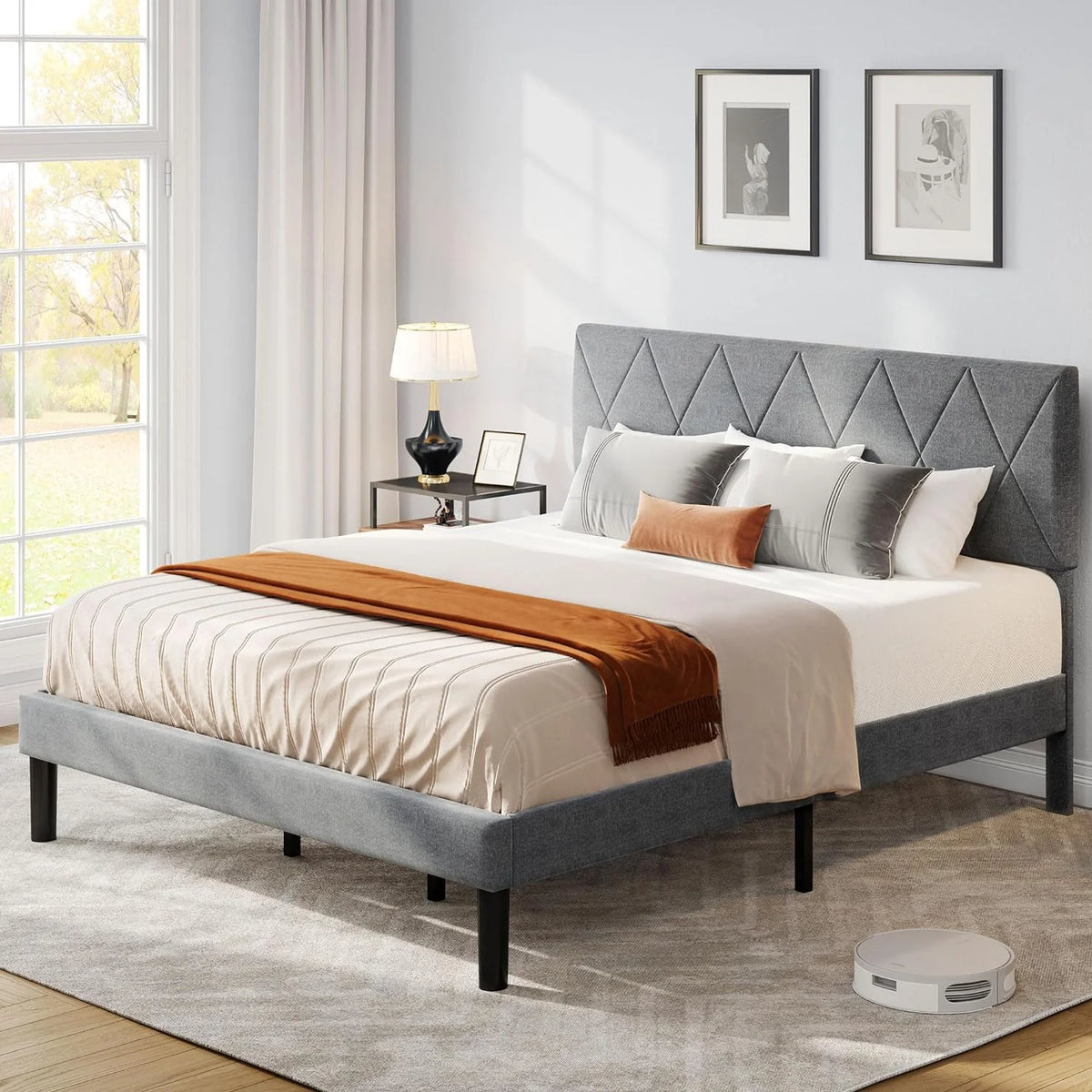 King Size Upholstered Platform Bed with Adjustable Headboard and Under-Bed Storage, Grey Y36779