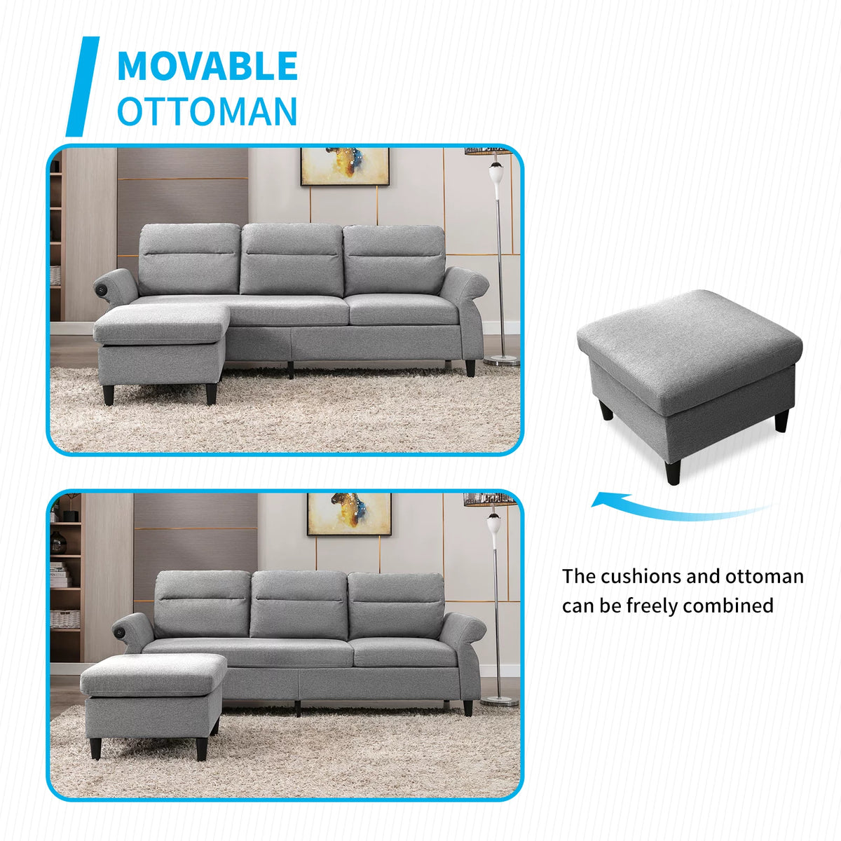 88" Convertible Sectional Sofa Couch with 2 USB Ports, Linen Fabric, Light Grey X2400