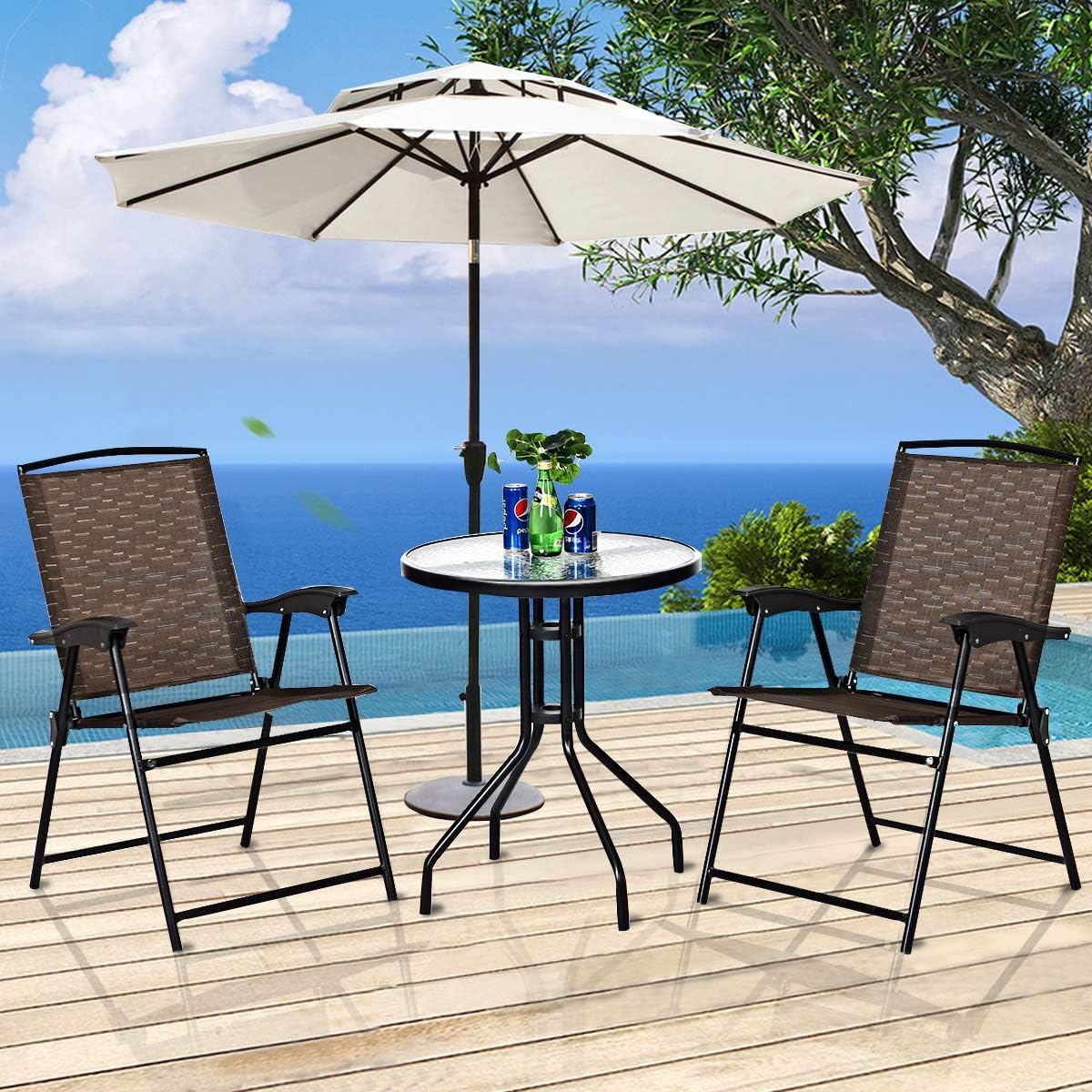 3-Piece Patio Bistro Set with Round Tempered Glass Table and 2 Foldable Chairs M514