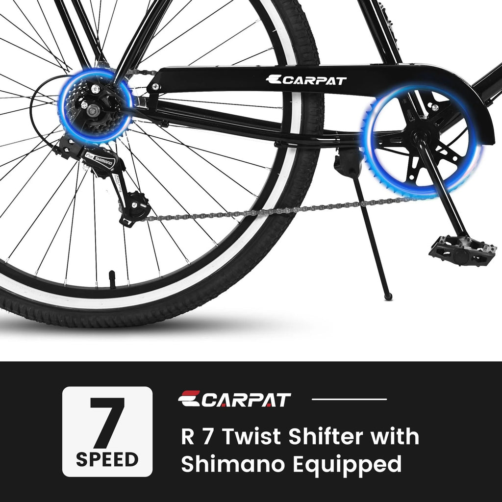 26-inch 7 Speeds Steel Beach Cruiser Bike with Rear Cargo Rack, Black Q456286