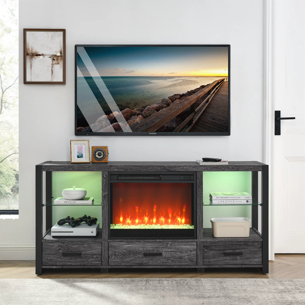 60 Inch Electric Fireplace Media TV Stand with LED Lights H69648