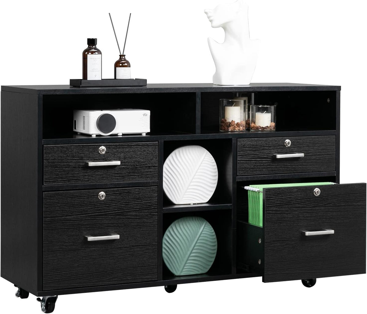 Creamy-White Wood Mobile File Cabinet with 4 Drawers and Shelves W36966