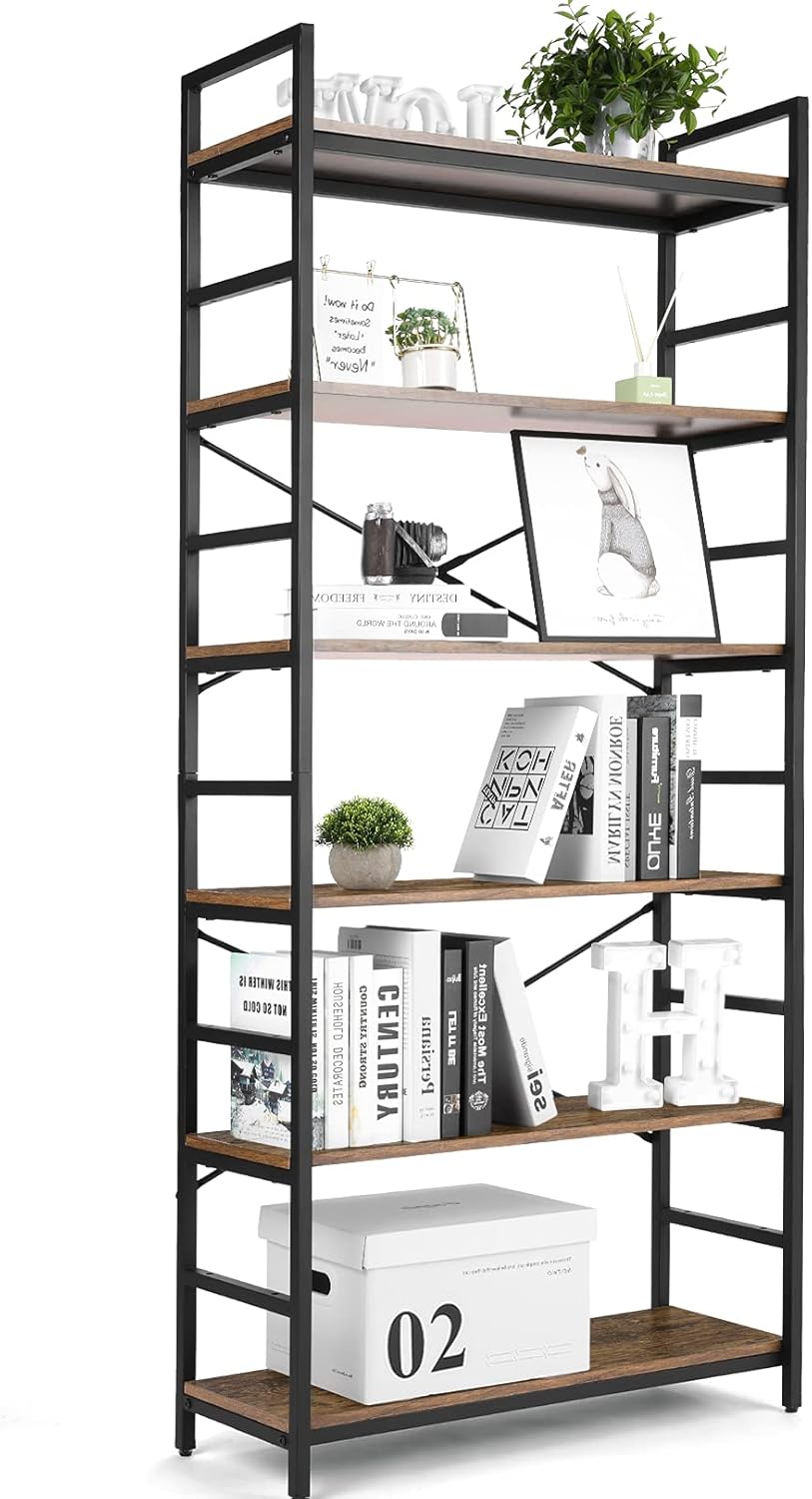 6-Tier Wood Top Bookshelf with Metal Frame O669584