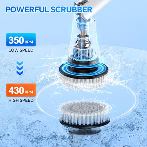 Electric Spin Scrubber with Long Handle, IPX7 Waterproof Cordless Cleaning Brush, 7 Replaceable Brush Heads, 2 Speeds G65779