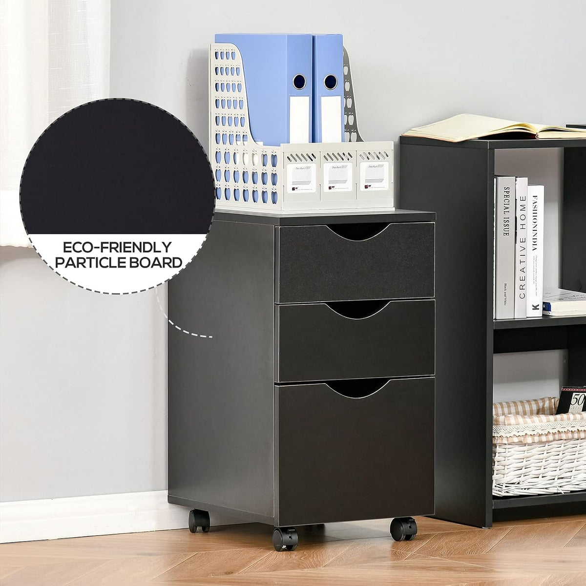 Black 3 Drawer Rolling File Cabinet N831