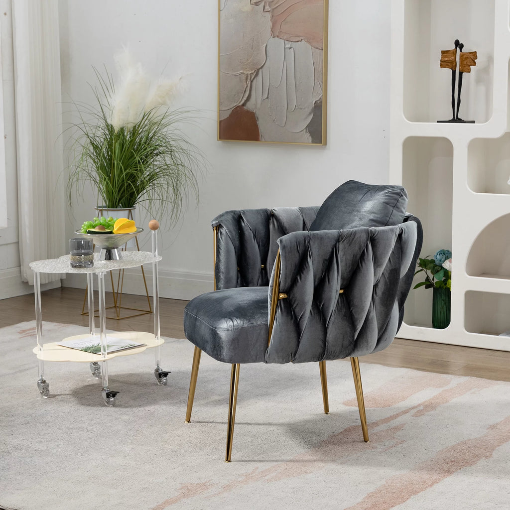 Gray Velvet Upholstered Accent Chair with Gold Metal Leg and Throw Pillow E25795