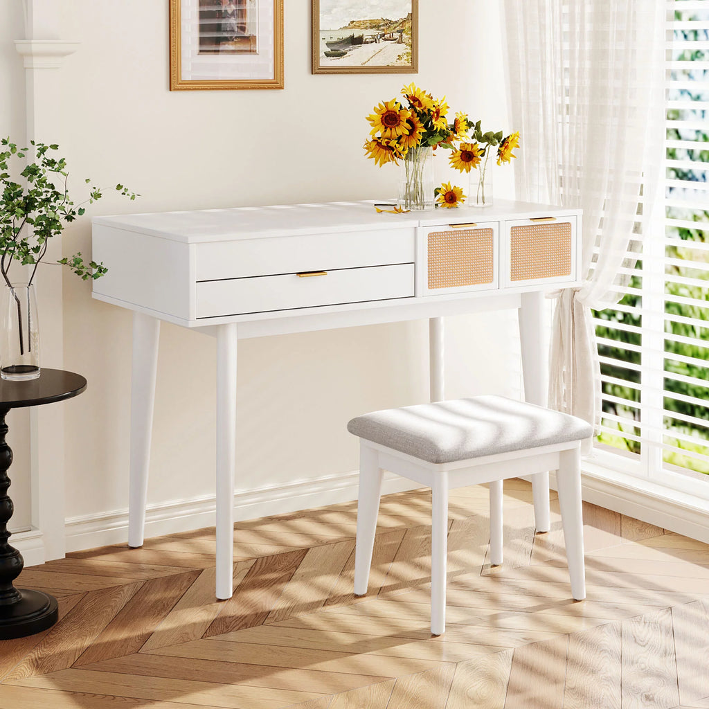 White Wood Makeup Dresser with Flip-top Mirror and Stool D817993