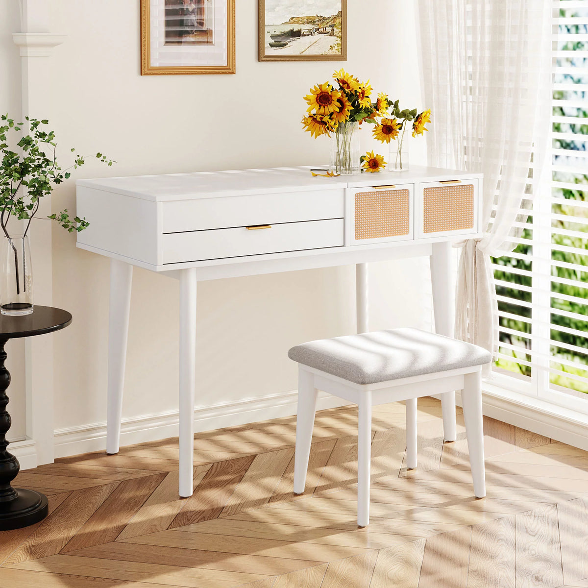 White Wood Makeup Dresser with Flip-top Mirror and Stool D817993