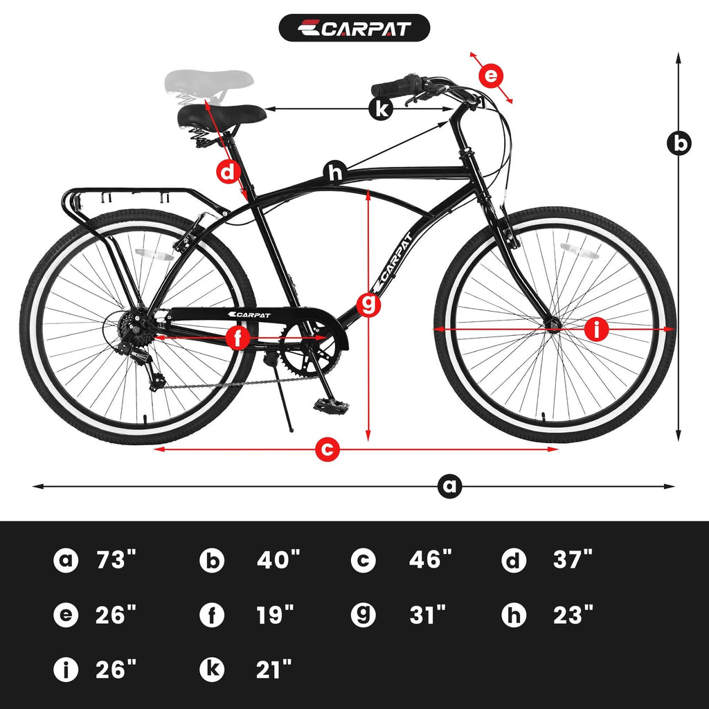 26-inch 7 Speeds Steel Beach Cruiser Bike with Rear Cargo Rack, Black Q456286