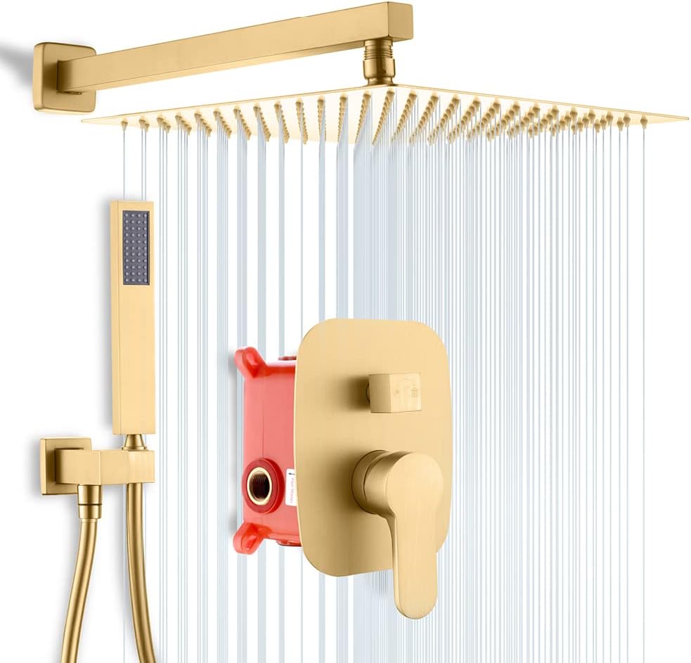 Brushed Nickel Rainfall Shower System with Valve, 12 Inch Square Ceiling Mount Shower Set K26339