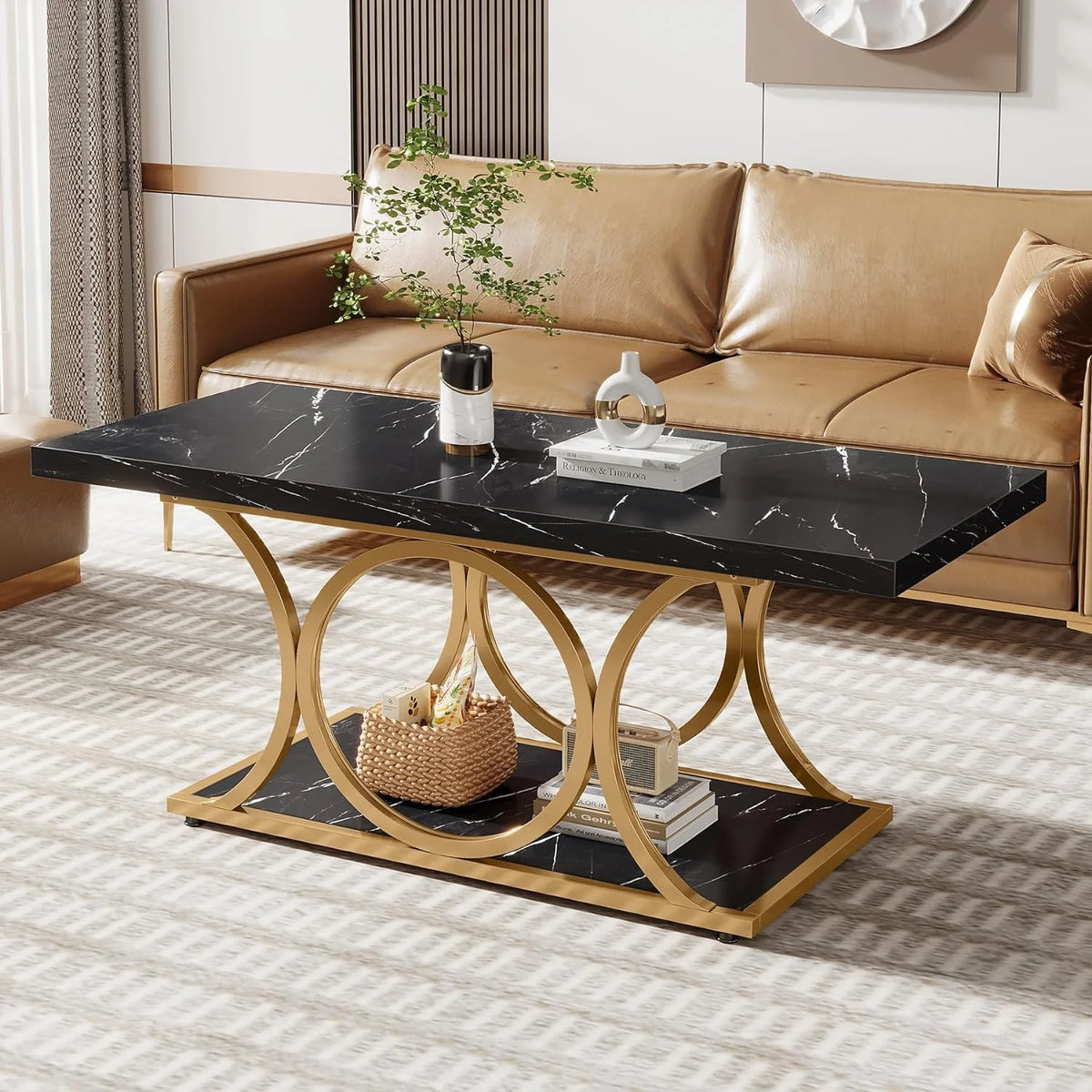 2-Tier Faux Marble Wood Coffee Table with Storage Shelf P833688