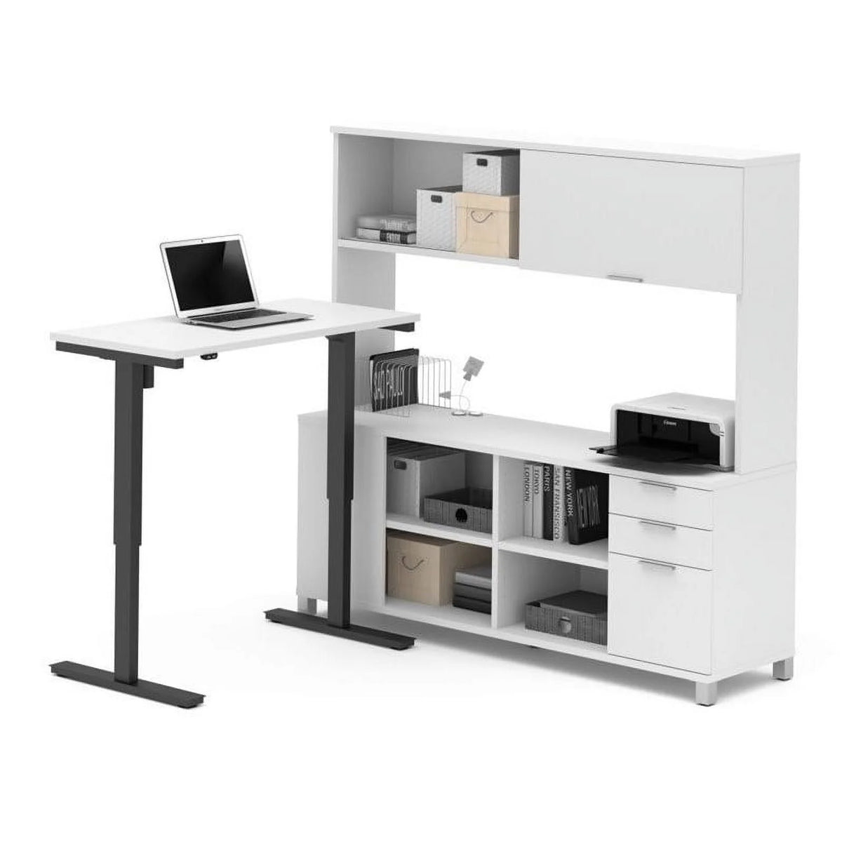 White Adjustable L Table with Hutch Q148728