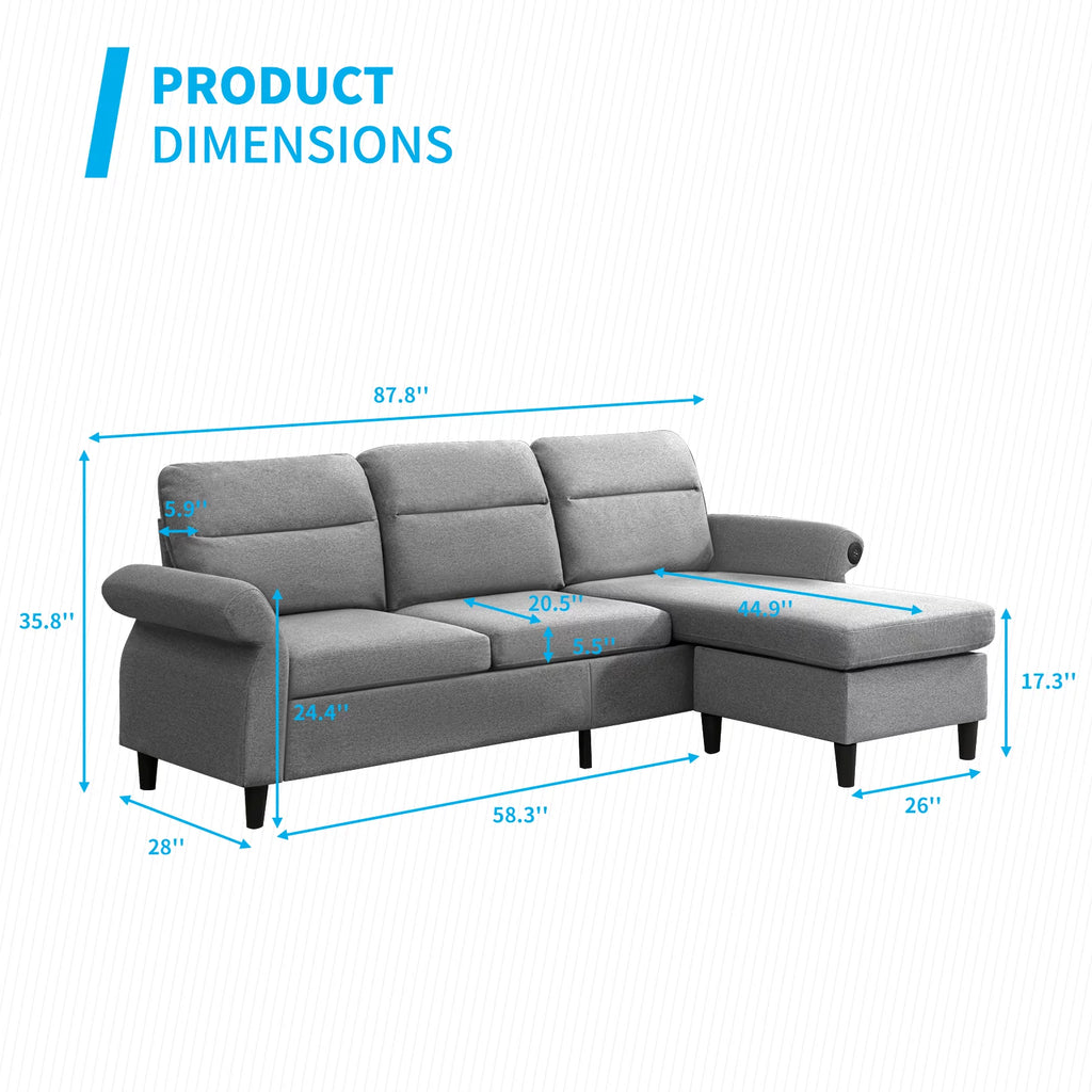 88" Convertible Sectional Sofa Couch with 2 USB Ports, Linen Fabric, Light Grey X2400