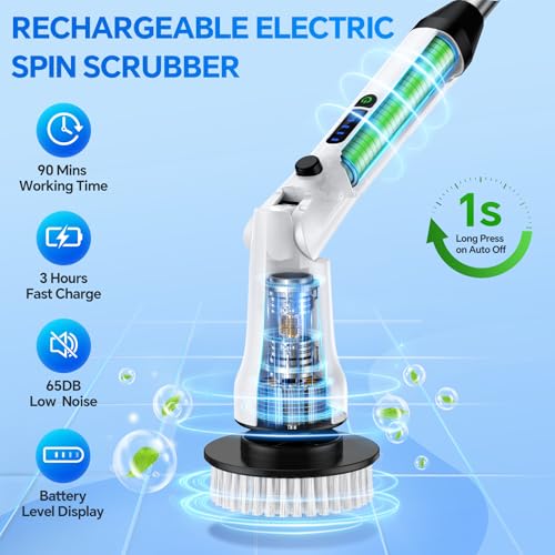 Electric Spin Scrubber with Long Handle, IPX7 Waterproof Cordless Cleaning Brush, 7 Replaceable Brush Heads, 2 Speeds G65779