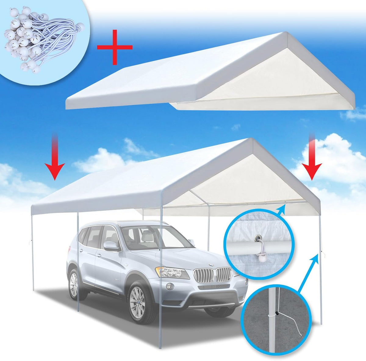 10'x20' Carport Replacement Canopy Cover with Ball Bungees W273752