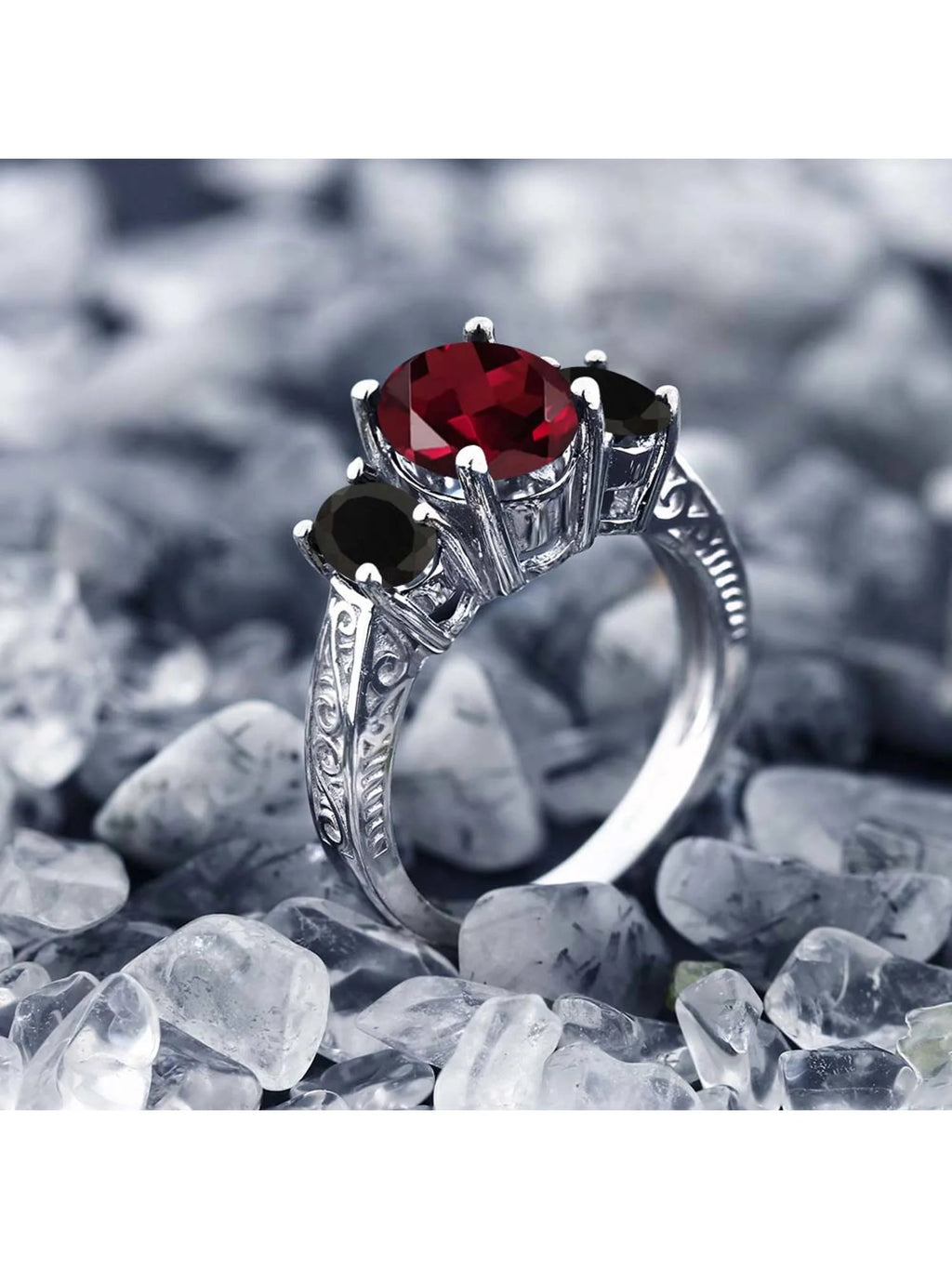 925 Sterling Silver Red Rhodolite Garnet Black Onyx 3 Stone Ring V12612