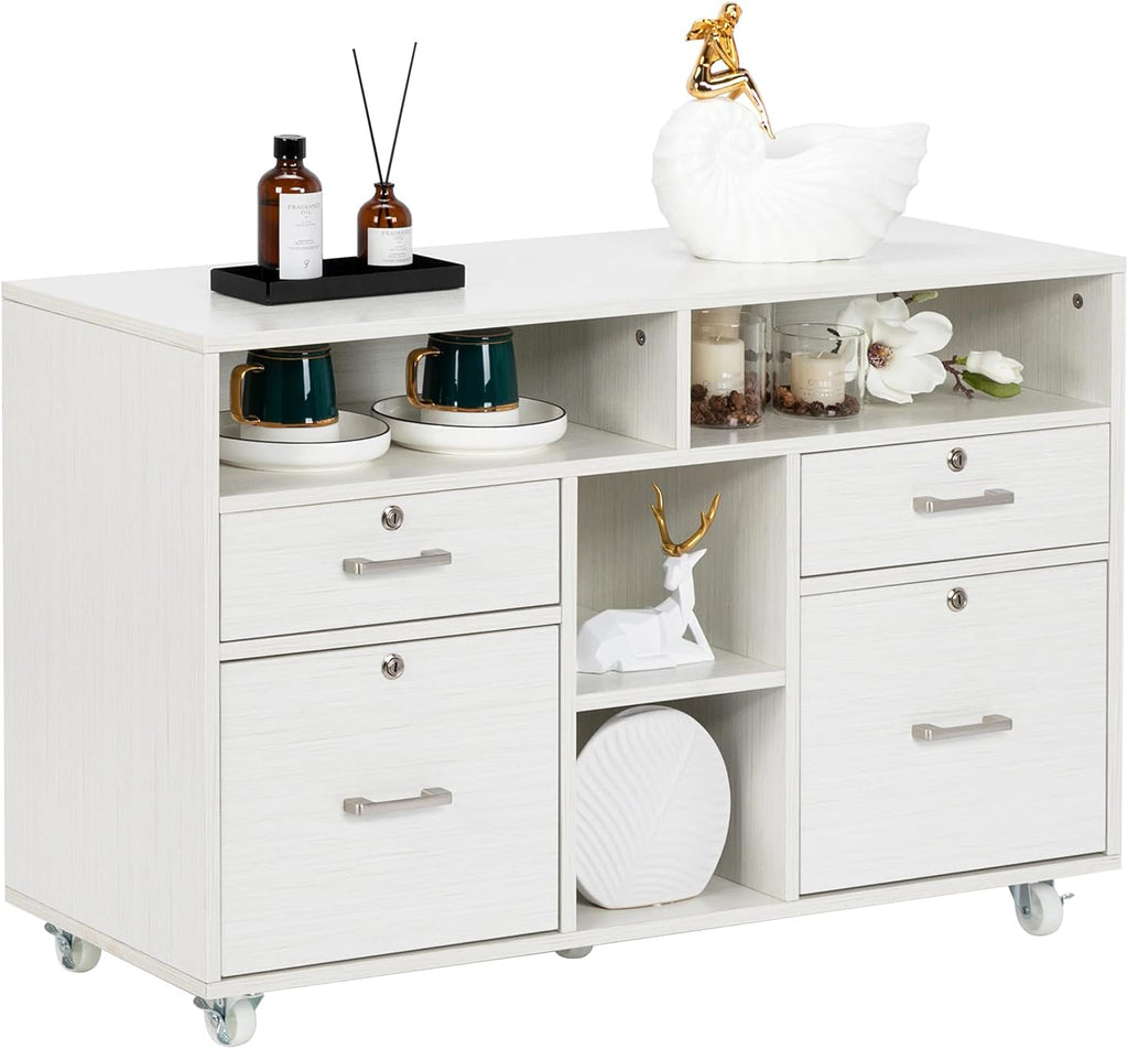 Creamy-White Wood Mobile File Cabinet with 4 Drawers and Shelves W36966