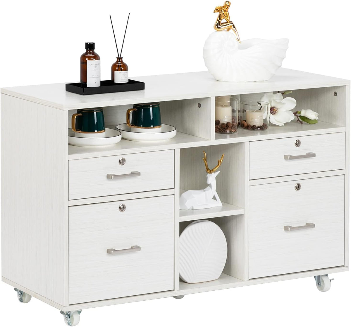 Creamy-White Wood Mobile File Cabinet with 4 Drawers and Shelves W36966