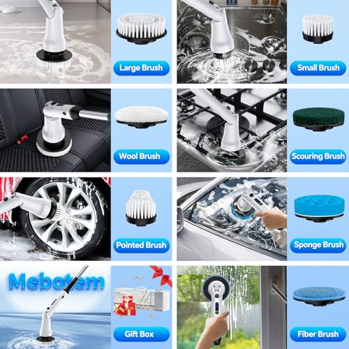 Electric Spin Scrubber with Long Handle, IPX7 Waterproof Cordless Cleaning Brush, 7 Replaceable Brush Heads, 2 Speeds G65779