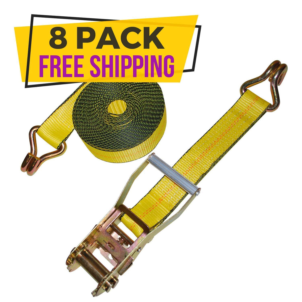 2" x 27' Ratchet Strap with Wire Hooks - 8 Pack Q181597