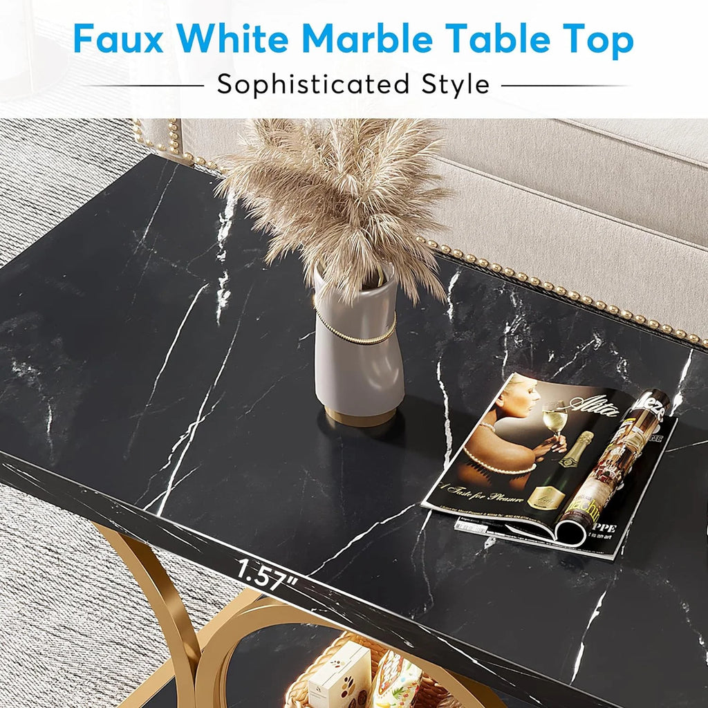 2-Tier Faux Marble Wood Coffee Table with Storage Shelf P833688