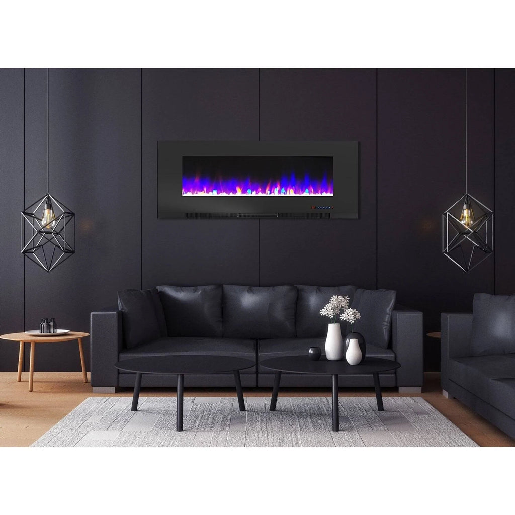 Black Wall-Mount Electric Fireplace with Multi-Color Flames and Crystal Rock Display H510982