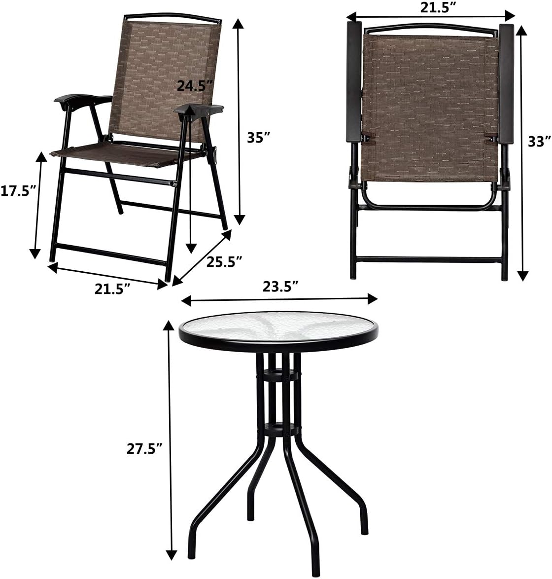 3-Piece Patio Bistro Set with Round Tempered Glass Table and 2 Foldable Chairs M514
