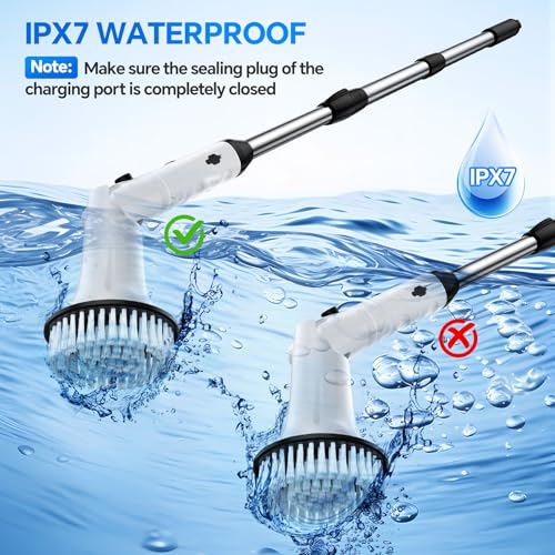 Electric Spin Scrubber with Long Handle, IPX7 Waterproof Cordless Cleaning Brush, 7 Replaceable Brush Heads, 2 Speeds G65779