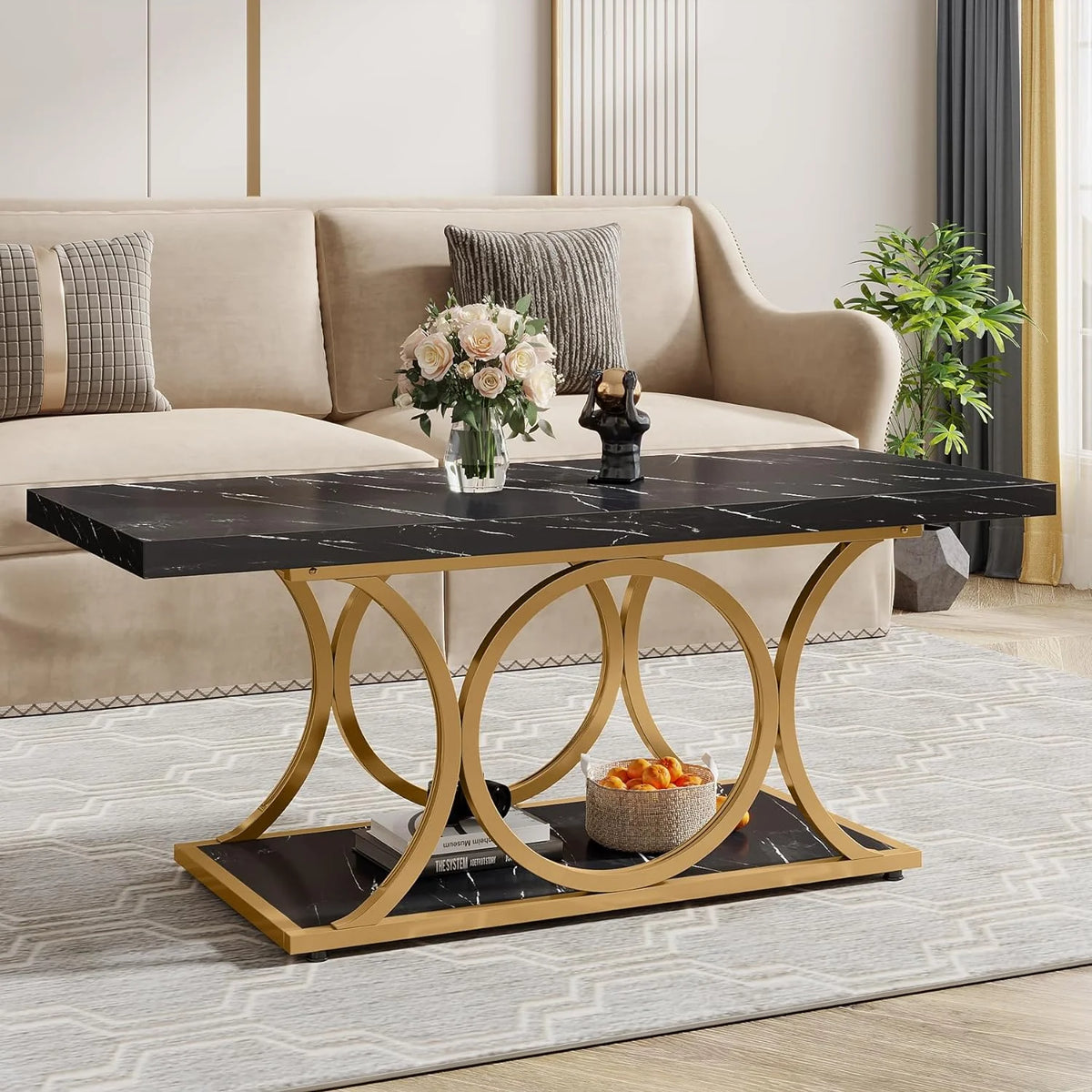 2-Tier Faux Marble Wood Coffee Table with Storage Shelf P833688