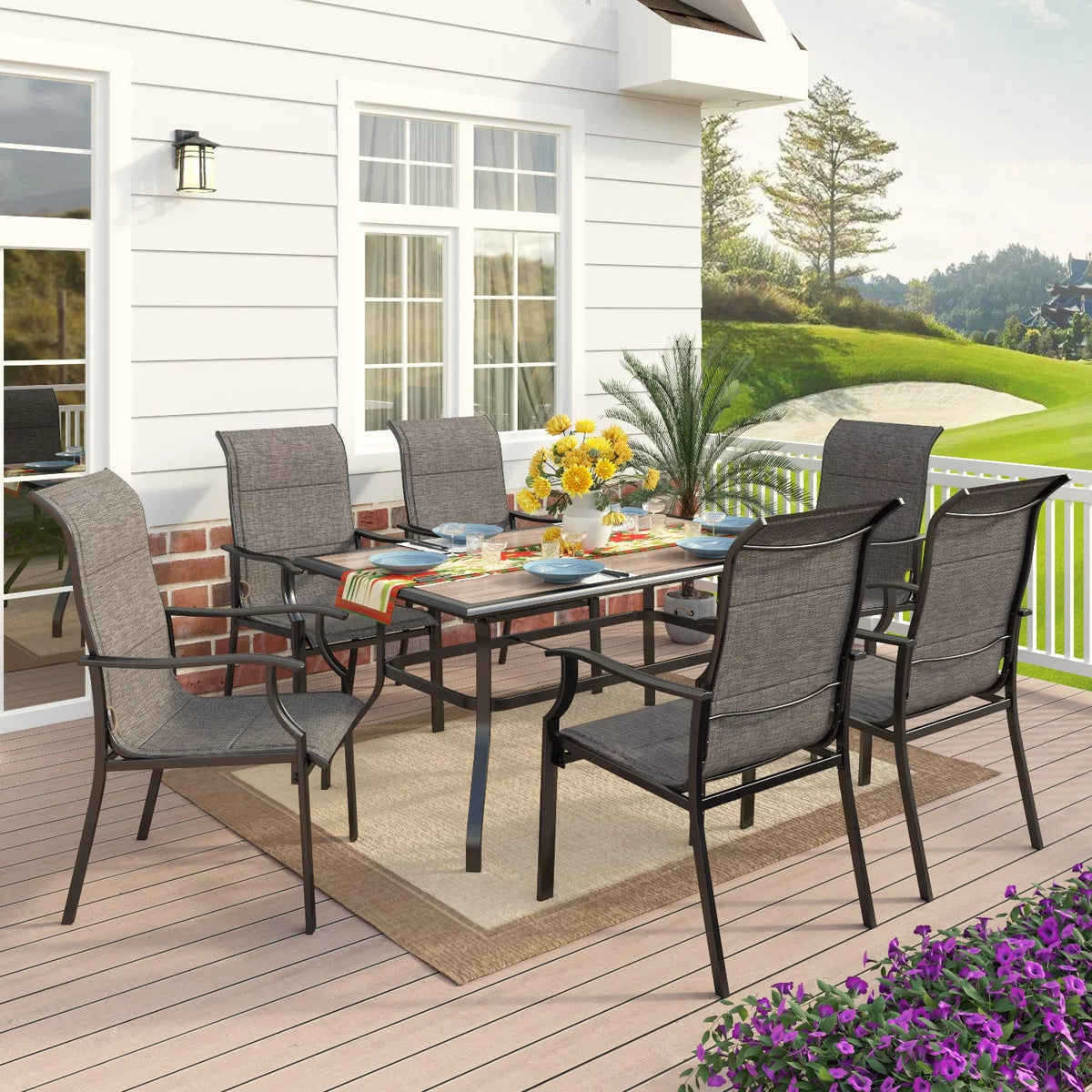 7 Pieces Outdoor Patio Dining Set with 6 Chairs & Steel Frame Table B17854
