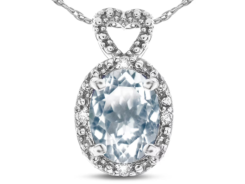 Oval 8x6mm Genuine Aquamarine Heart Pendant Necklace B276103