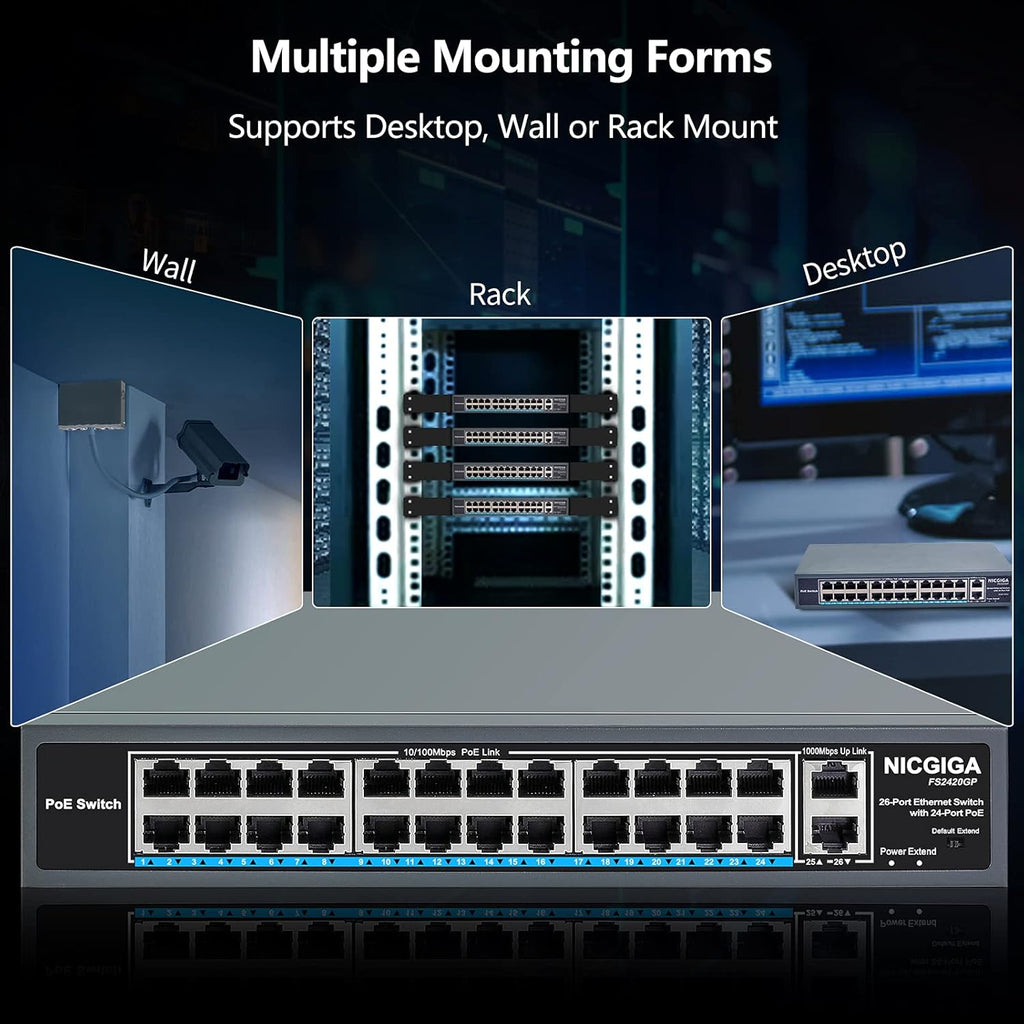 26 Port PoE Switch with 24 Ports 10/100Mbps PoE+@400W, 2 Gigabit Uplink Ports, VLAN Mode, Metal Case, Rack Mount L8576