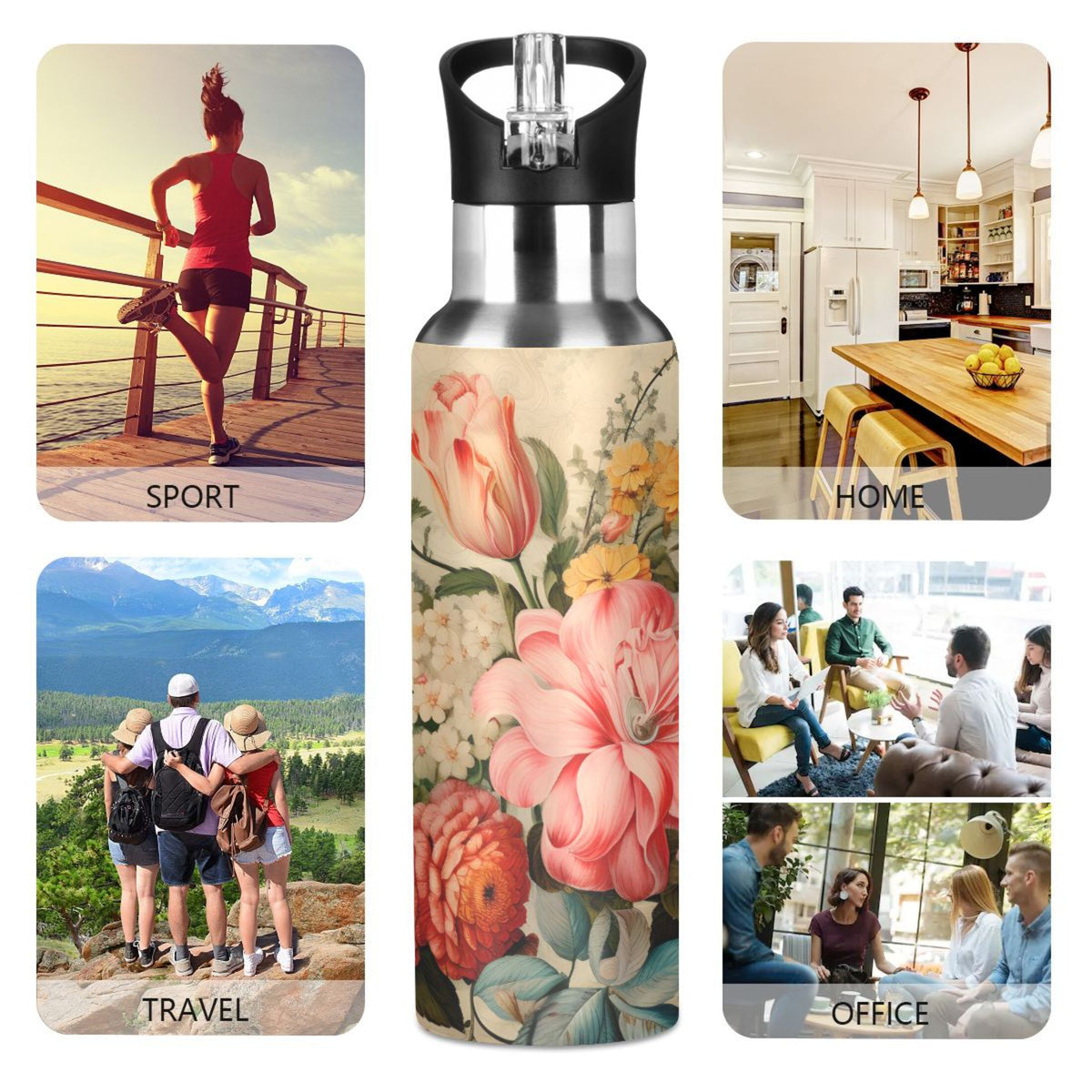 Pink Flowers Print Stainless Steel Insulated Water Bottle with Straw Lid N72653
