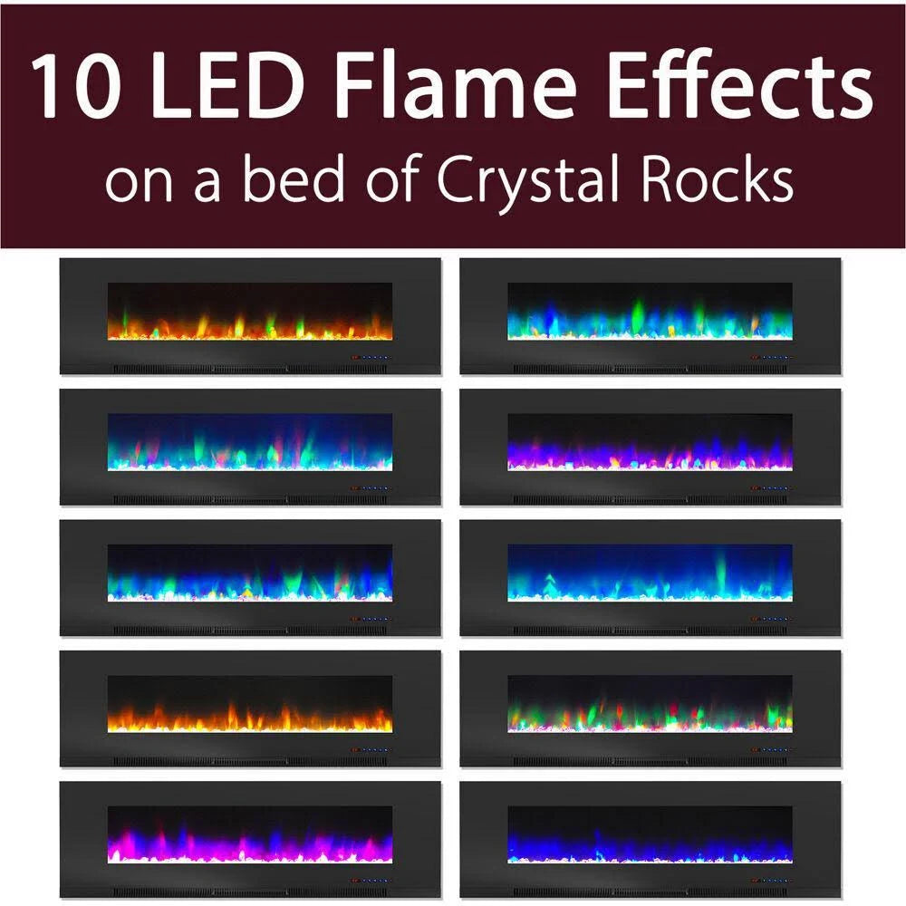Black Wall-Mount Electric Fireplace with Multi-Color Flames and Crystal Rock Display H510982