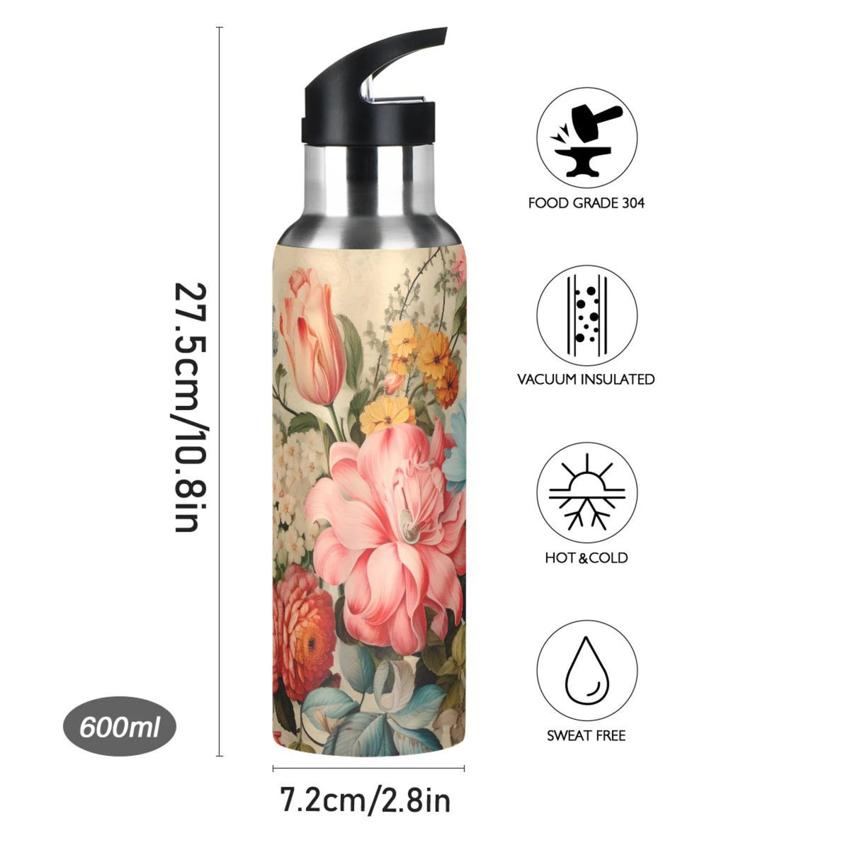 Pink Flowers Print Stainless Steel Insulated Water Bottle with Straw Lid N72653