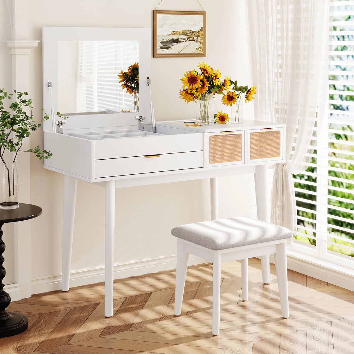 White Wood Makeup Dresser with Flip-top Mirror and Stool D817993