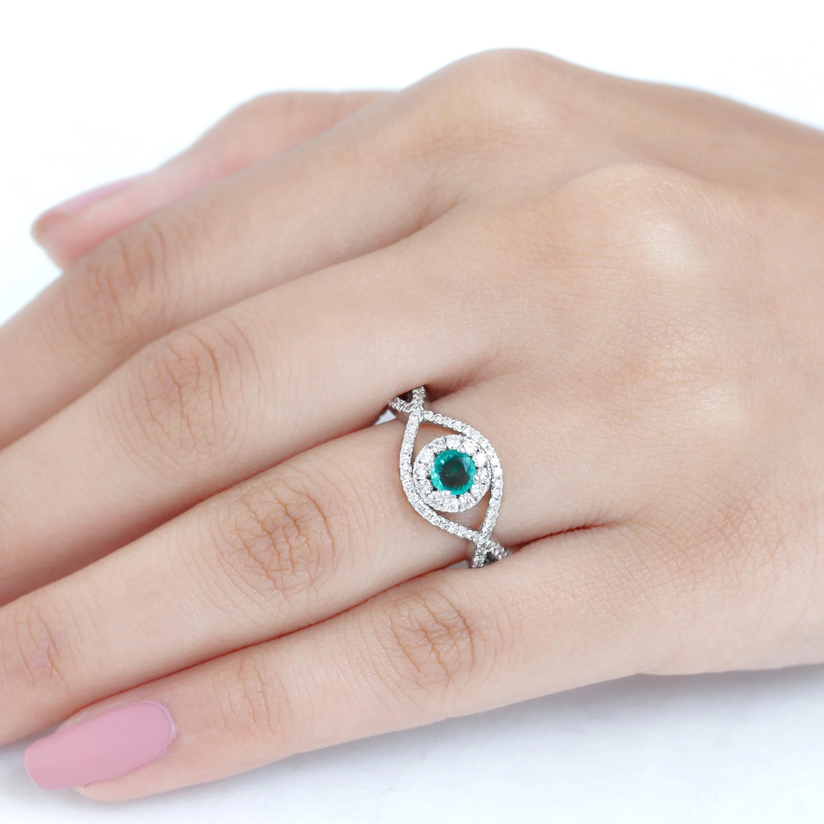 Emerald Crossover Ring with Diamond, 1 CT, 18K White Gold, US 12.50 B5670