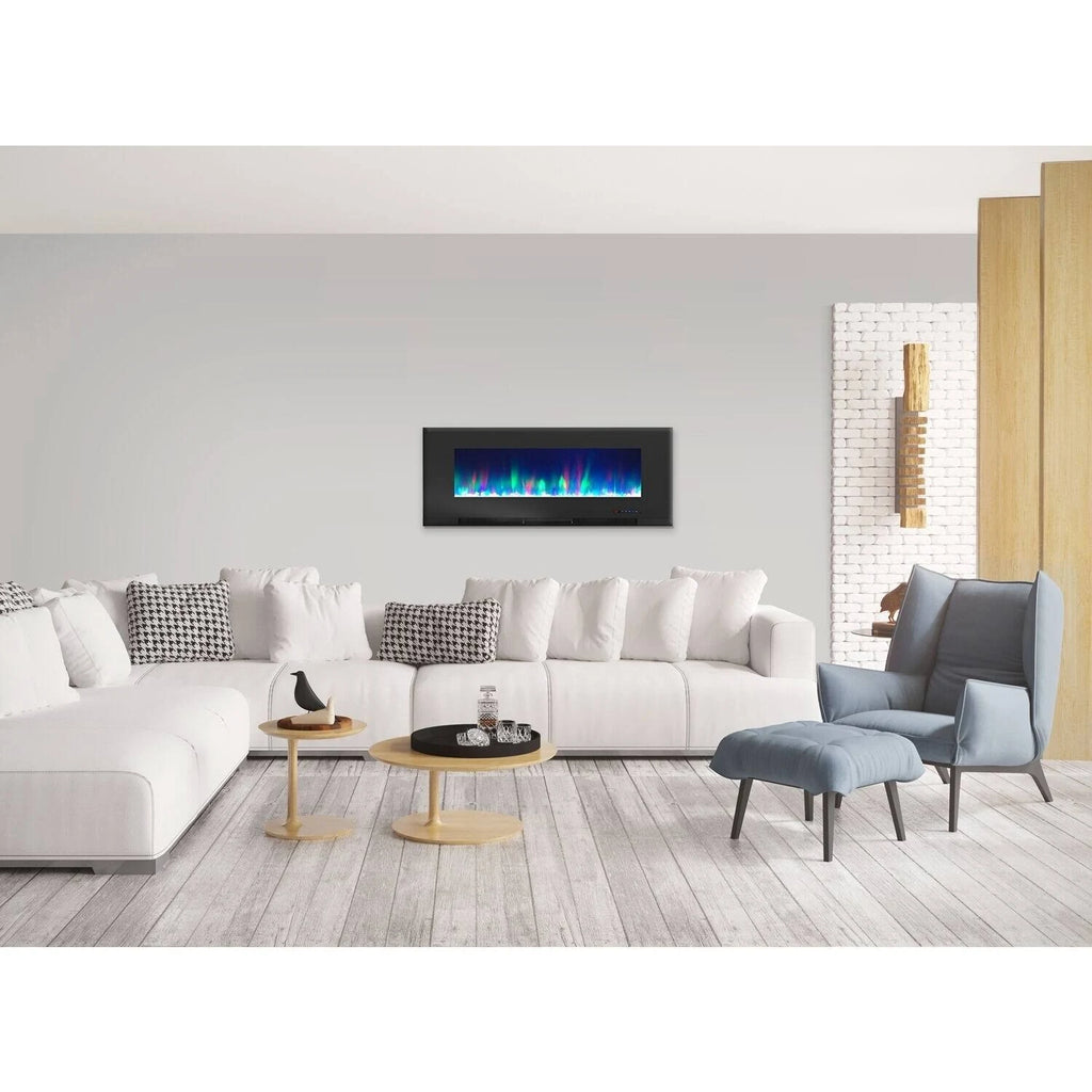 Black Wall-Mount Electric Fireplace with Multi-Color Flames and Crystal Rock Display H510982